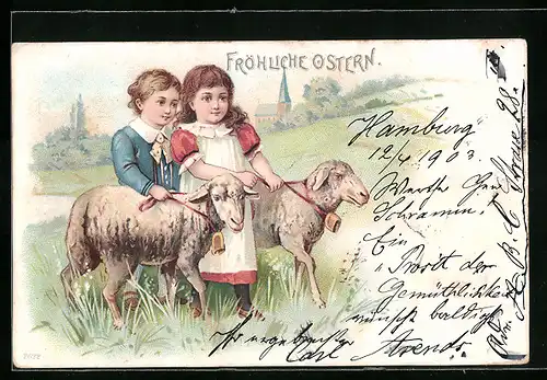 AK Kinder mit Lämmern zu Ostern