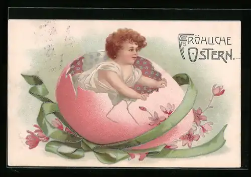 AK Kind blickt aus einem Osterei, Fröhliche Ostern