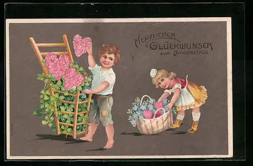 AK Kinder mit Herzen aus Blumen und Kleeblättern zum Namenstag