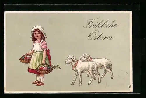 AK Mädchen mit Osterkörben und Lämmchen