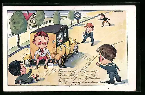 Künstler-AK Kinder bewerfen Auto, Reklame für Torpedo Freilauf Fichtel & Sachs, Auto