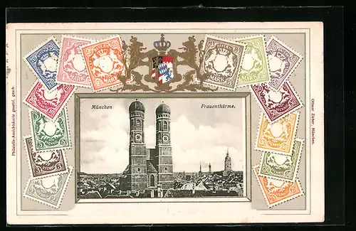 Präge-AK München, Frauentürme, Briefmarken und Wappen, Passepartout