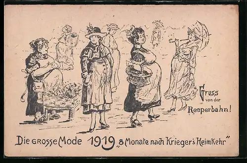 Künstler-AK Hamburg, Die grosse Mode 1919 auf der Reeperbahn, Frauen bei Blumenverkäuferin