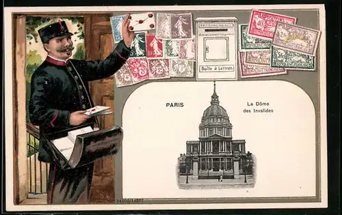 AK Paris. Le Dôme des Invalides, Briefträger und Briefmarken