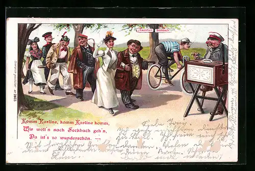 Lithographie Seckbach, Fröhliche Ausflügler, Rennradfahrer, Leierkastenmann, Wegweiser Frankfurt und Seckbach