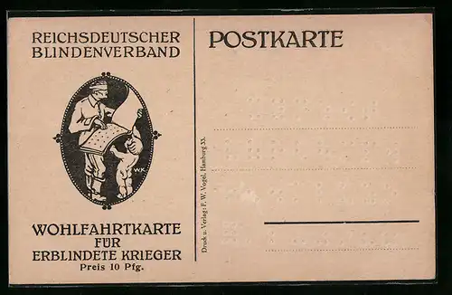 AK Reichsdeutscher Blindenverband, Wohlfahrtkarte für erblindete Krieger, Blindenschrift Alphabet