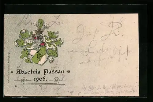 Präge-Künstler-AK Passau, Absolvia 1906, Ritterhelm und Studentenwappen