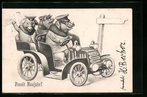 AK Drei Schweine im Auto, Neujahrsgruss, vermenschlichte Tiere
