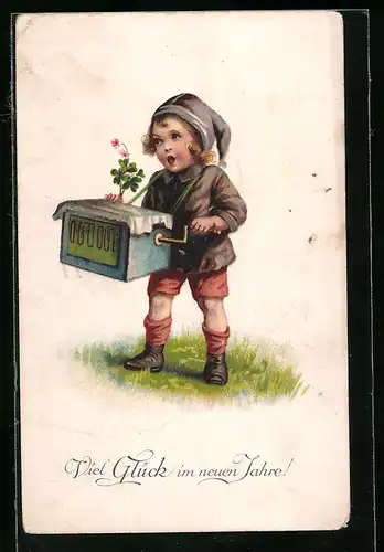 AK Kind mit Leierkasten und Kleeblatt