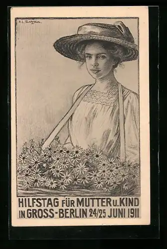 Künstler-AK Hilfstag für Mutter u. Kind in Gross-Berlin, 1911, Blumenmädchen