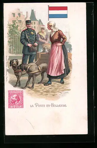 Lithographie Brief, Landesflagge, Niederlande, Frau in Tracht mit Postboten, Hunde vor einen Wagen gespannt