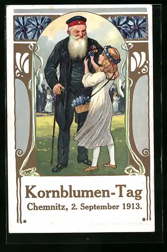 Künstler-AK Chemnitz, Kornblumen-Tag 1913, Mädchen steckt altem Veteranen eine Kornblume an