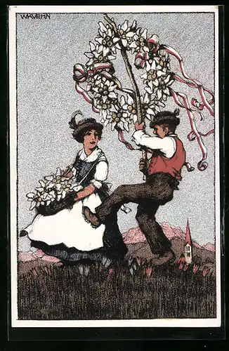 Künstler-AK Innsbruck, Blumentag 1913, Älpler mit Kranz aus Edelweiss