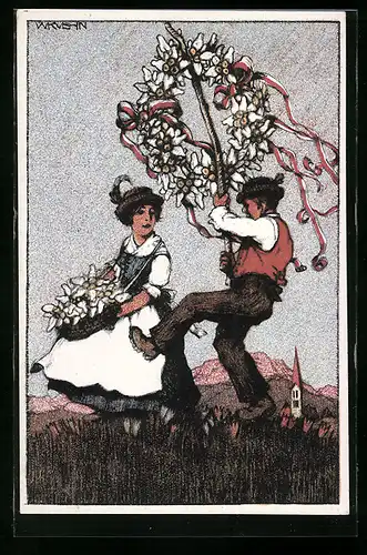 Künstler-AK Innsbruck, Blumentag 1913, Älpler mit Kranz aus Edelweiss