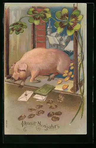 AK Prosit Neujahr!, Schwein und Münzen kommen durch`s Fenster geschneit