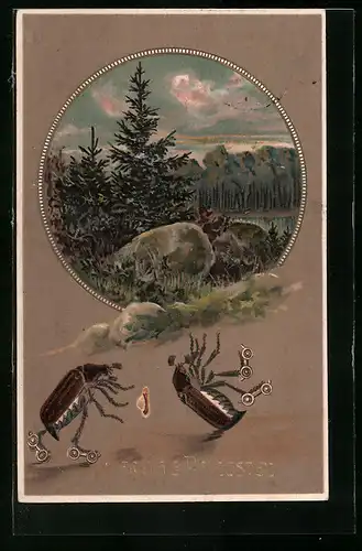 AK Maikäfer auf Rollschuhen, Landschaftsmotiv