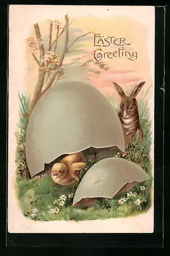 AK Osterhase erblickt Küken im Ei