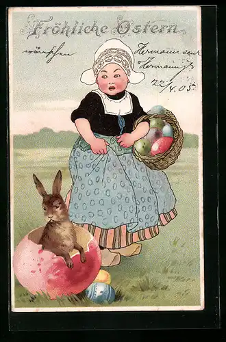 AK Dame neben Osterhasen in Eierschale
