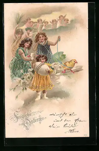 Lithographie Fröhliche Ostern, Kinder und Engel, Osterküken