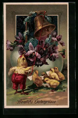 AK Osterküken singen im Chor, Läutende Glocke