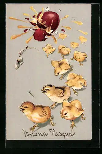 AK Zebrochenes Ei, Erschrockene Osterküken