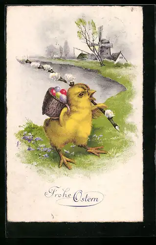 AK Osterküken mit Ostereikorb und Palmkätzchen