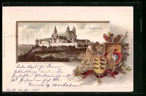 Passepartout-AK Schwäbisch Hall, Blick auf die Comburg, Wappen