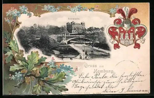Passepartout-Lithographie Hamburg-St.Pauli, Seewarte, Eichenlaub, Wappen