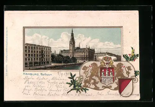 Passepartout-Lithographie Hamburg, Rathaus mit Wappen