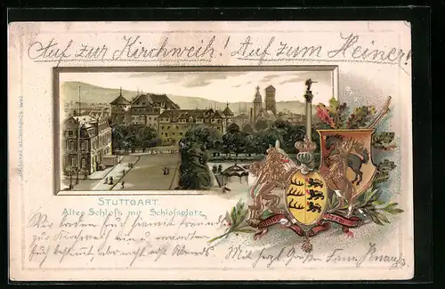 Passepartout-Lithographie Stuttgart, Stadtwappen, Altes Schloss und Schlossplatz