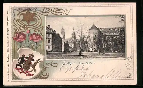 Passepartout-Lithographie Stuttgart, Altes Schloss, Wappen