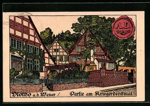 Steindruck-AK Vlotho a. d. Weser, Partie am Kriegerdenkmal