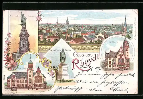 Lithographie Rheydt, Neue Post, Kaiser Wilhelm Denkmal, Rathaus