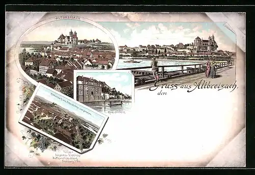 Lithographie Altbreisach, Rheinthor, Ortsansicht vom Eckardsberg aus gesehen