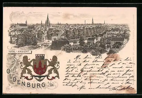 Lithographie Oldenburg i. Gr., Panoramablick auf die Stadt