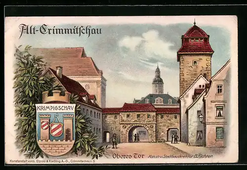 AK Crimmitschau, Altstadt mit Oberem Tor, Wappen