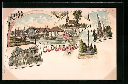 Lithographie Oldenburg i. Gr., Am Stau, Theater, Lambertikirche