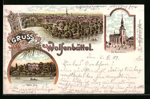 Lithographie Wolfenbüttel, Die Marienkirche, Kaffee Haus