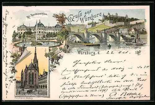 Lithographie Würzburg, Kgl. Residenzschloss, Mainbrücke und Festung