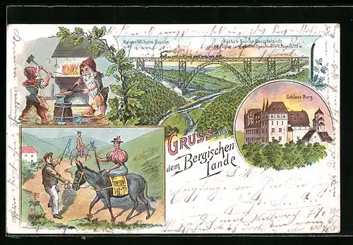 Lithographie Remscheid, Schloss Burg, Kaiser Wilhelm Brücke, Zwerge in der Schmiede