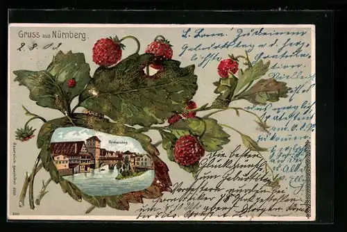 Passepartout-Lithographie Nürnberg, Ansicht vom Henkersteg auf Erdbeerblatt