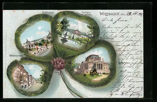 Passepartout-Lithographie Wiesbaden, Kochbrunnen, Kurhaus mit Anlagen, Wilhelmstrasse, Glitzer-Perlen, Kleeblatt