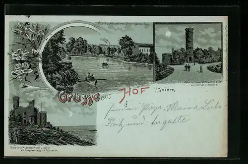 Lithographie Hof, Blick v. d. unteren steinernen Brücke auf die Saale