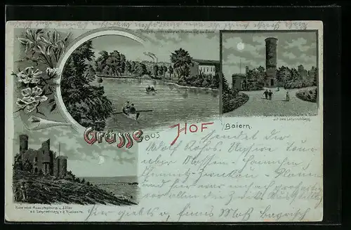 AK Hof, Ruine auf dem Labyrinthberg, Blick von der unteren steinernen Brücke auf die Saale