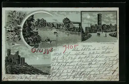 AK Hof, Ruine auf dem Labyrinthberg, Blick von der unteren steinernen Brücke auf die Saale