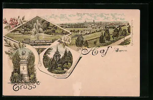 Lithographie Hof i. Bayern, Gesamtansicht, Thomashöhe im Stadtpark