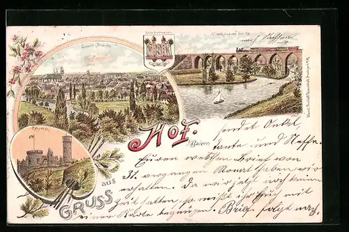 Lithographie Hof i. B., Gesamtansicht, Unterkotzauer Brücke
