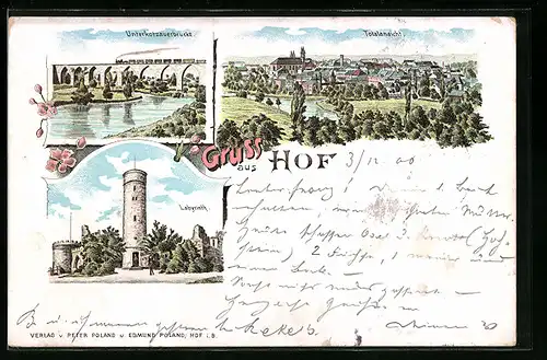 Lithographie Hof i. B., Gesamtansicht, Unterkotzauer Brücke