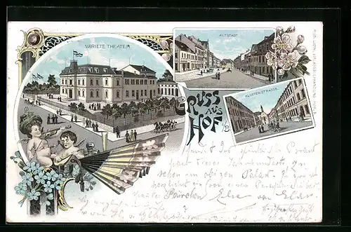 Lithographie Hof i. B., Variété Theater, Altstadt, Klosterstrasse
