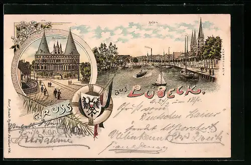 Lithographie Lübeck, Hafen und Holstentor